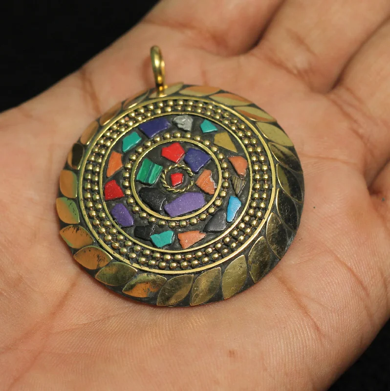 1 Pc Tibetan Pendant Round Shape Multicolor 2.25 Inch