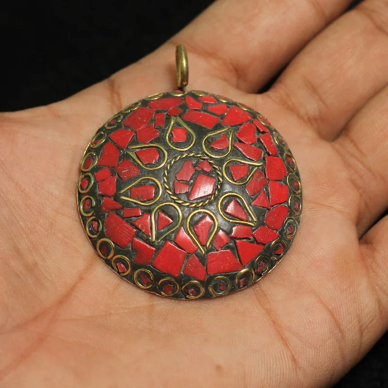 1 Pc Tibetan Pendant Round Shape Multicolor 2.25 Inch