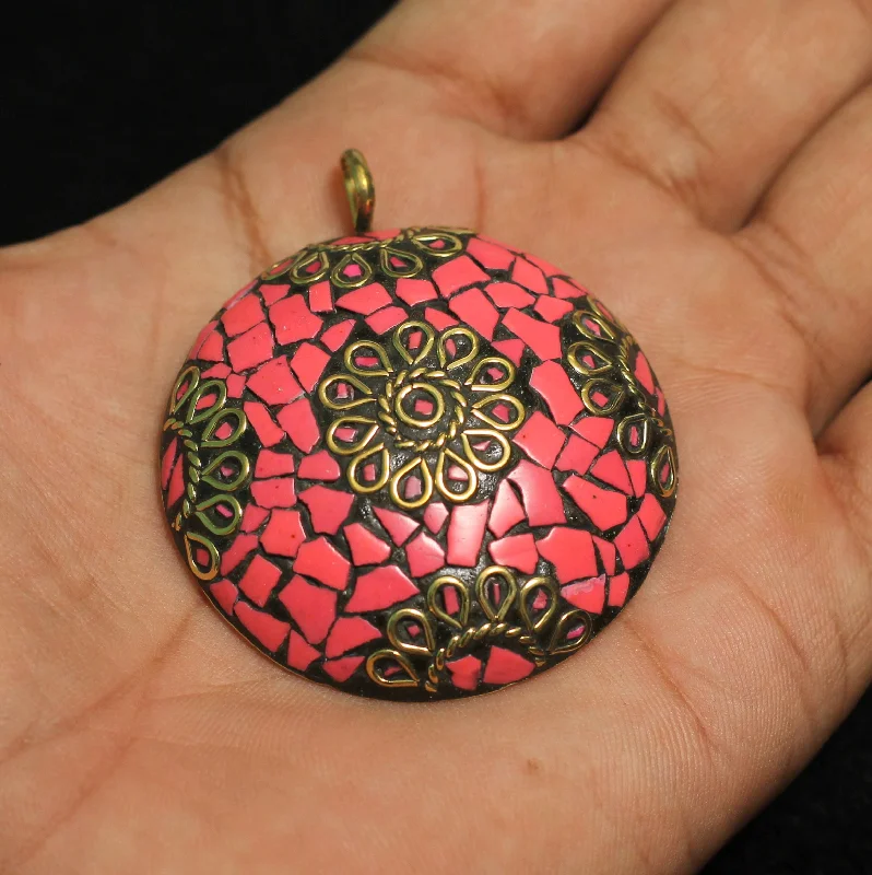 1 Pc Tibetan Pendant Round Shape Multicolor 2.25 Inch