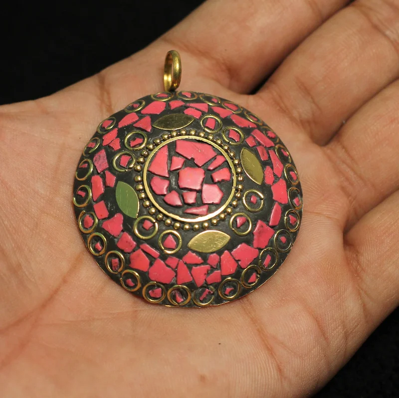 1 Pc Tibetan Pendant Round Shape Multicolor 2.25 Inch