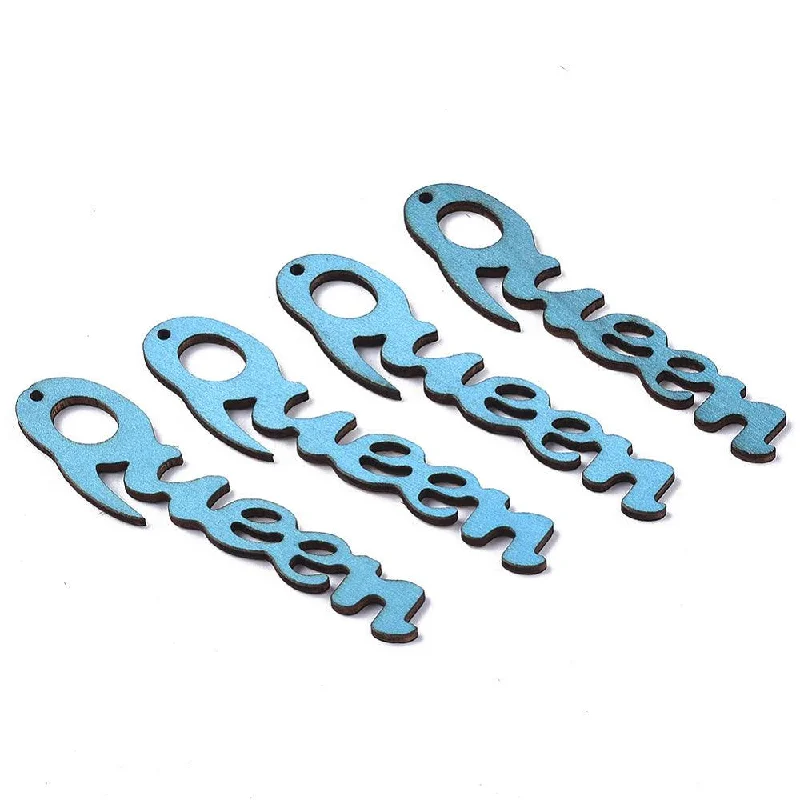 10 Pcs, 17x74x2.5mm. Wood Pendants, Word Queen, Deep Sky Blue