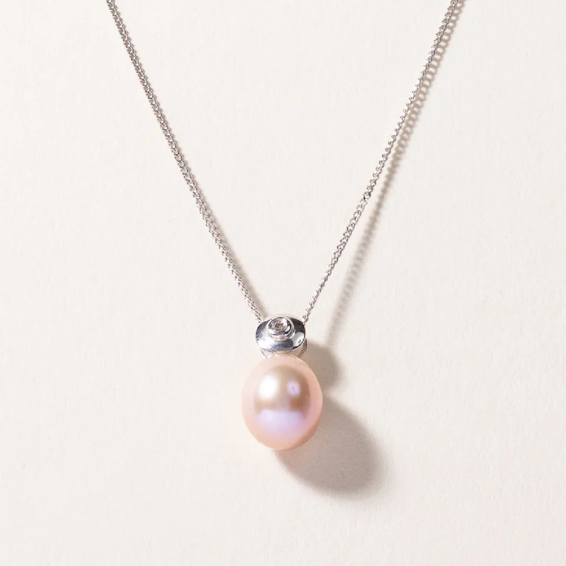 18k White Gold Pink Pearl and Diamond Necklace | 9.60X8.30X8.00mm, 0.01ct | 16"