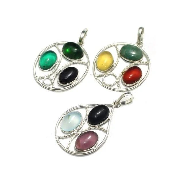 3 Pcs Stone Pendants Combo Silver 1.5 inch