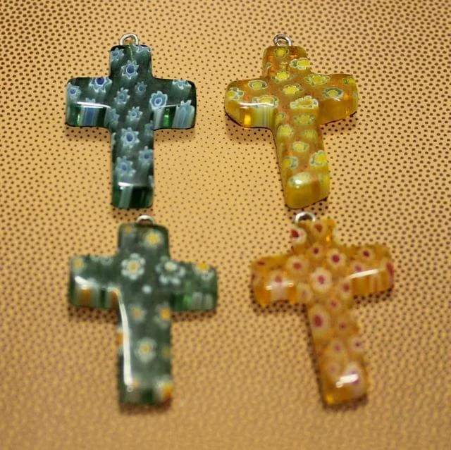 4 Pcs Millefiori Glass Cross Pendants MultiColor 28x20mm