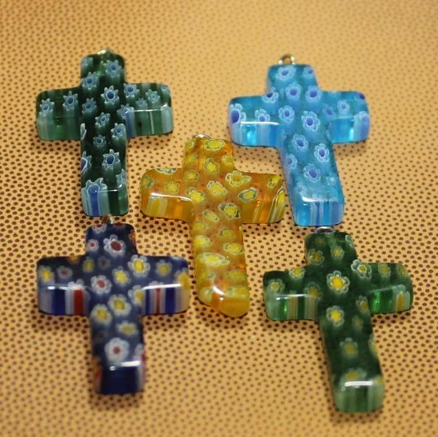 5 Pcs Millefiori Glass Cross Pendants MultiColor 26x20mm