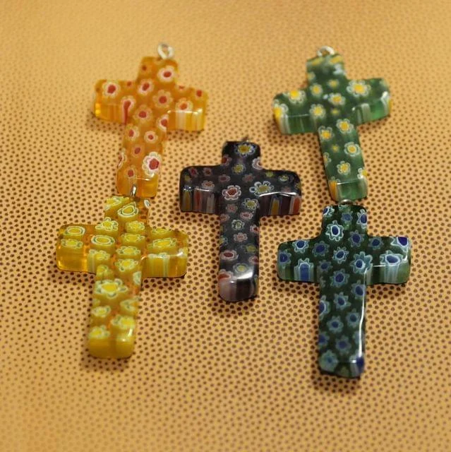 5 Pcs Millefiori Glass Cross Pendants MultiColor 28x20mm