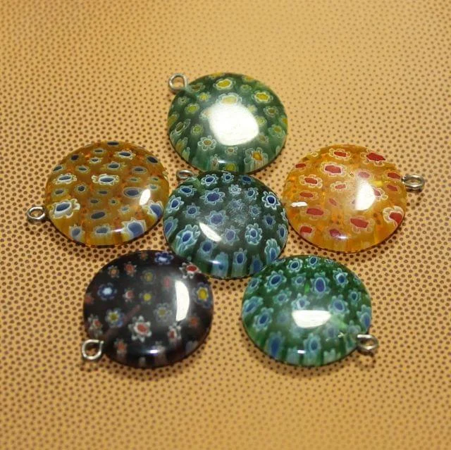 6 Pcs Millefiori Glass Coin Pendants MultiColor 20 mm