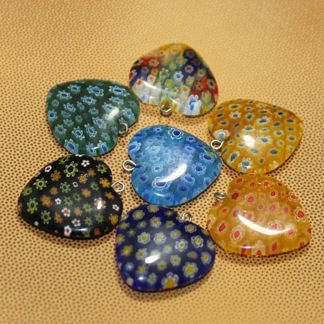 7 Pcs Millefiori Glass Heart  Pendants MultiColor 25 mm