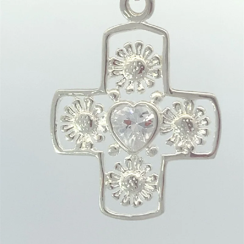 Aster Sunflower & Heart Cross 925 Sterling Silver Charm