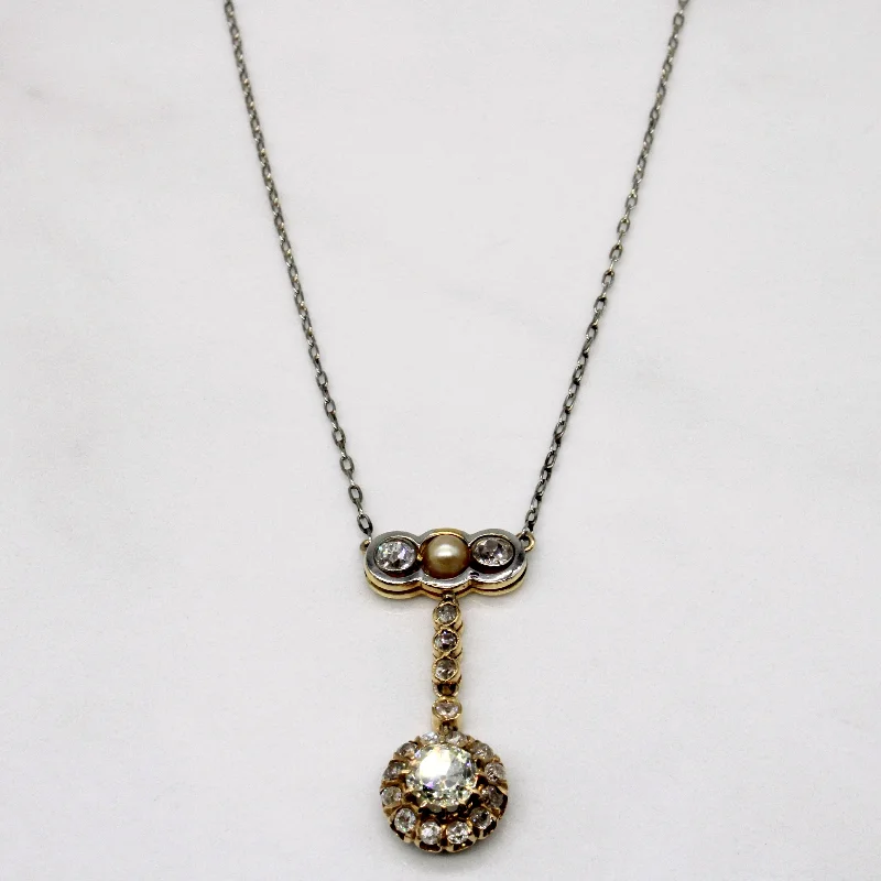 statement gemstone necklace handmade Antique Old Cut Diamond & Pearl Drop Pendant Necklace | 1.45ctw | 18" |