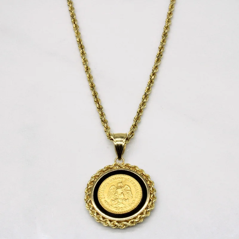 personalized couples ring engraved Mexican Gold Coin & Black Onyx Pendant & Necklace | 3.00ct | 18" |