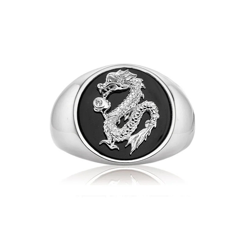celestial star charm bracelet Sterling Silver Cubic Zirconia & Black Onyx Dragon Signet Mens Ring