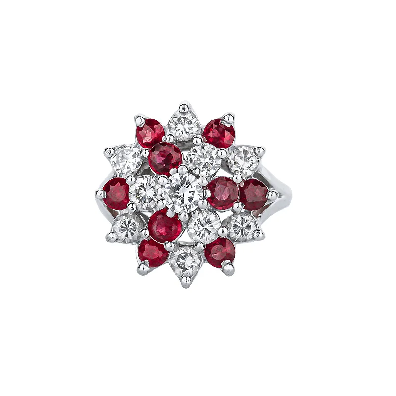 14K White Gold Ruby Diamond Prong Set Cocktail Ring