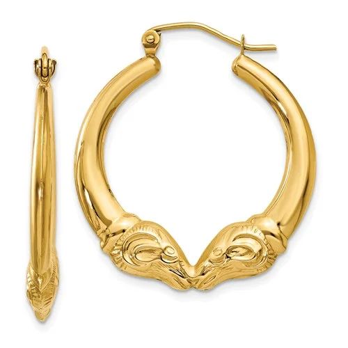 pearl and gold chain earrings 14KT YELLOW GOLD RAMS HEAD HOOP EARRINGS