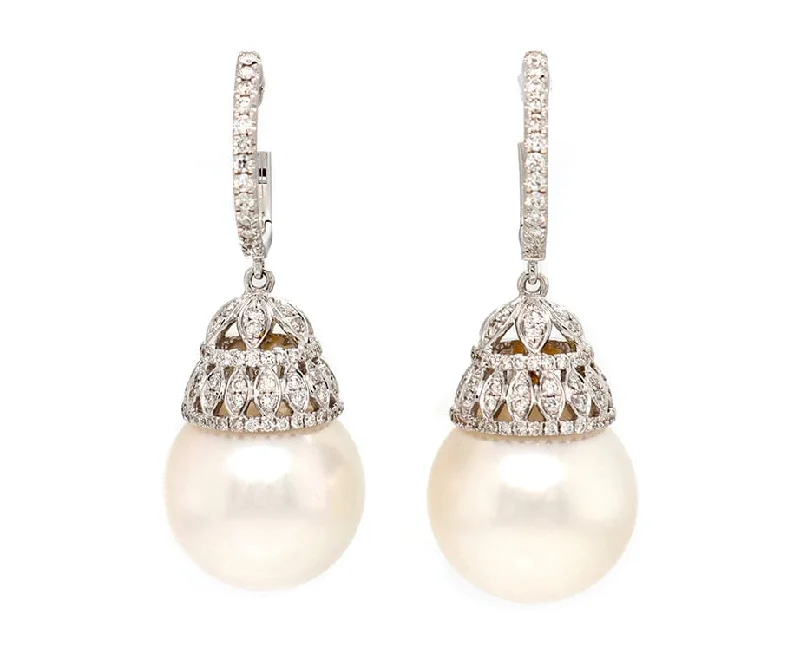 vintage-style garnet ring 16.0MM Cultured South Sea Pearl and 1.00ctw Diamond Dangle Earrings in 18K