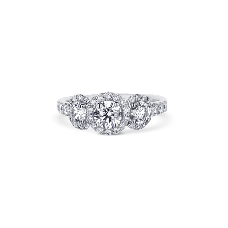 18K White Gold 0.50 Carat Three Stone Round Diamond Ring With Halo