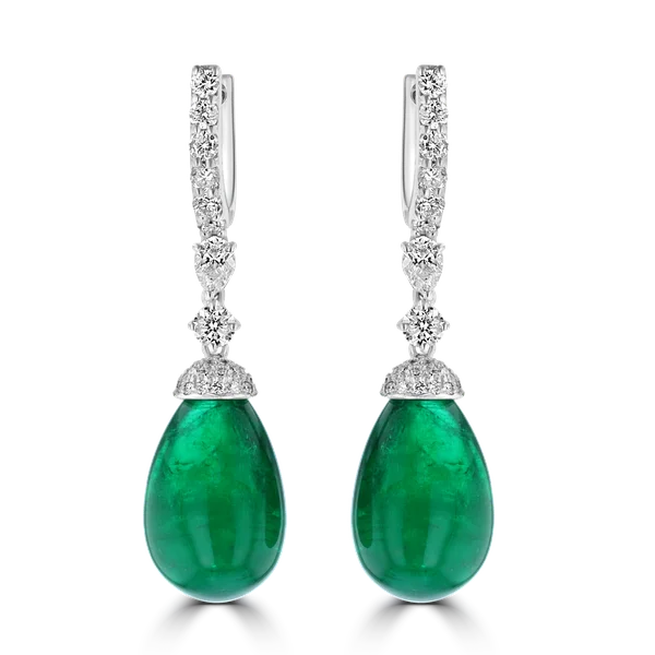 sapphire halo engagement ring 18K WHITE GOLD 34.35CT EMERALD & 2.02CT DIAMOND DANGLE LEVERBACK EARRINGS