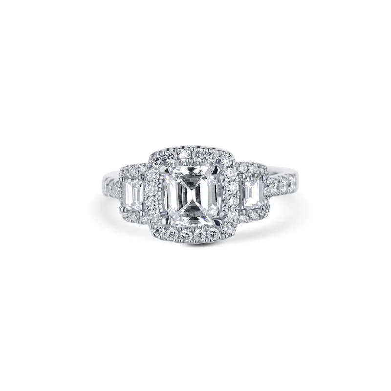 18K White Gold Three Stone Emerald Cut Diamond Engagement Ring With Halo & Diamonds In Side Shank