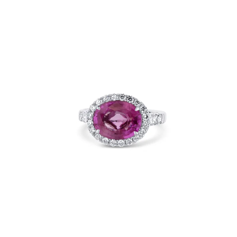 18K White Gold Wide-Set Oval Pink Sapphire Diamond Halo Ring