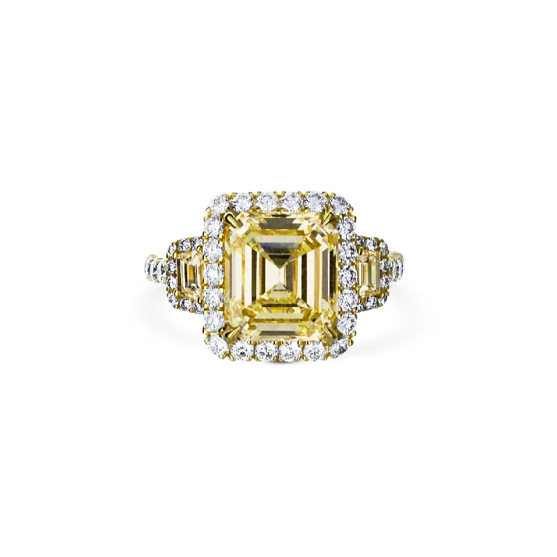 18K Yellow Gold Step Cut Engagement Ring With Cushion Side Stones And Halo