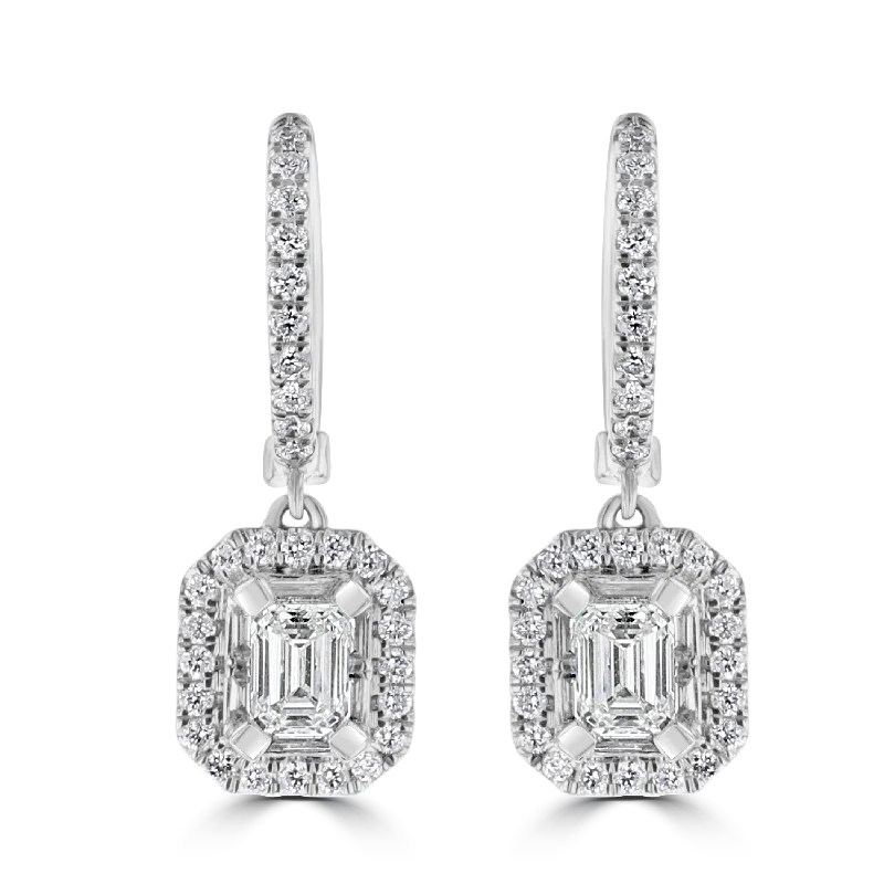 gold and diamond nose stud 18KT WHITE GOLD 1.23 CTW DIAMOND HALO DROP EARRINGS
