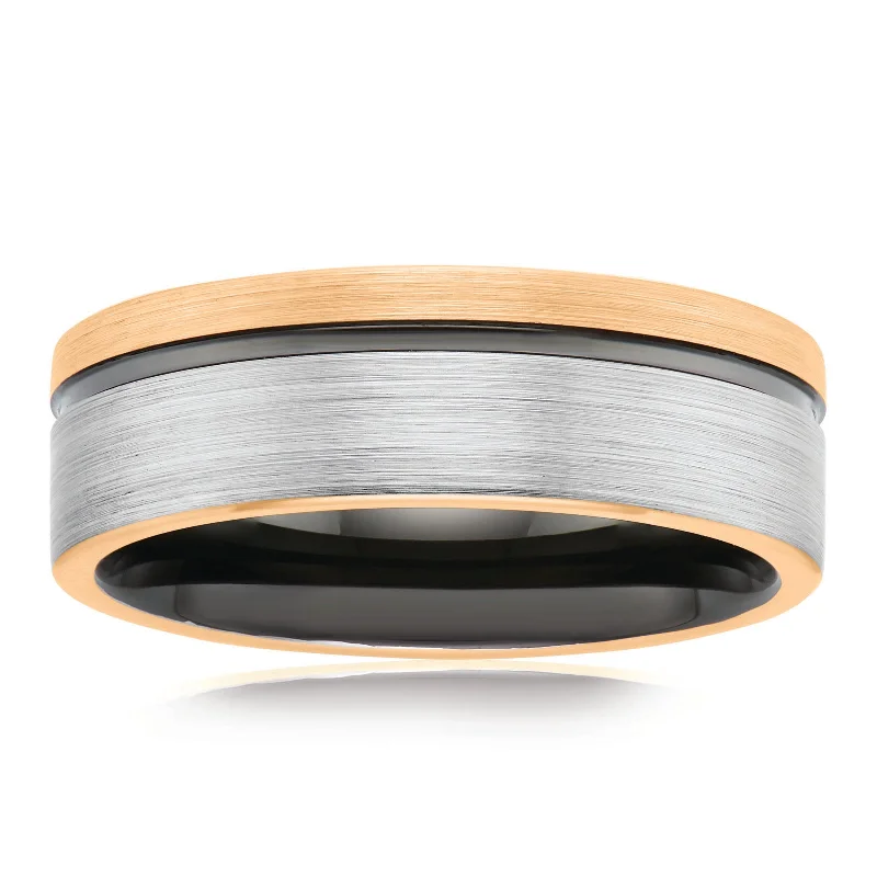 personalized couples ring engraved Tensity Tungsten Rose and Black Patterned Band Mens Ring