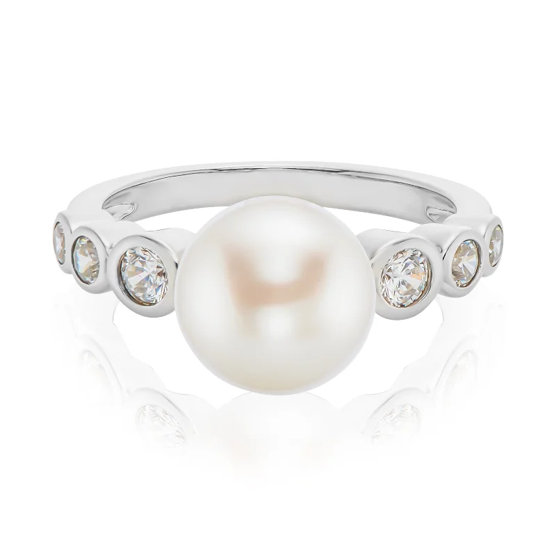 handmade leather ring Sterling Silver Button 8.5-9mm White Freshwater Pearls Cubic Zirconia Ring
