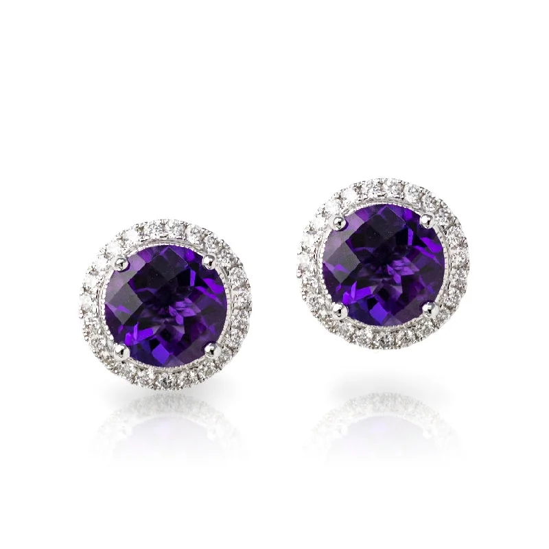 hammered silver wedding band Round Amethyst and Diamond Earrings