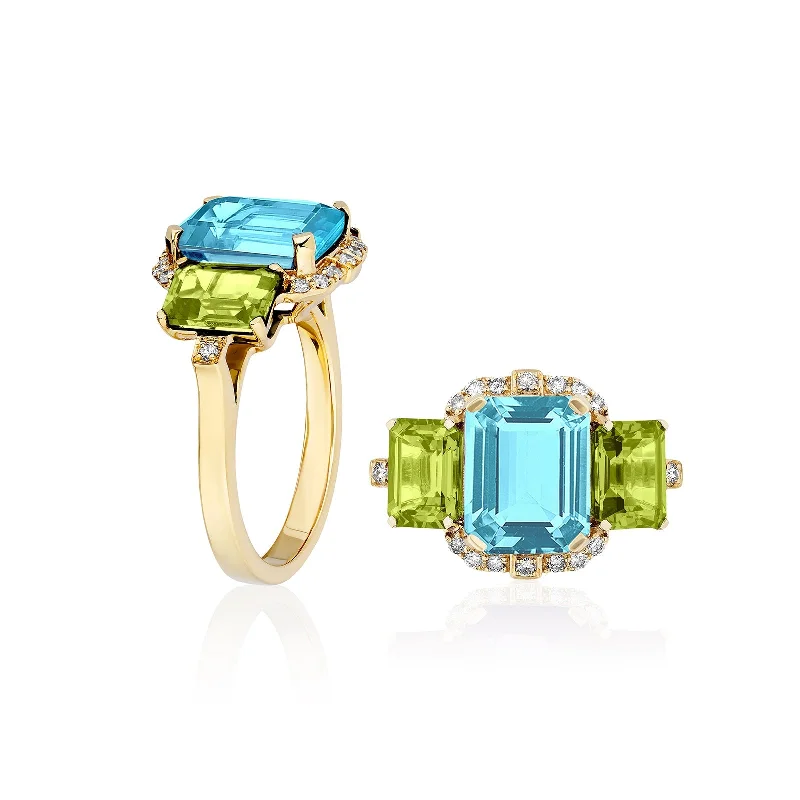 3 Stone Blue Topaz and Peridot Emerald Cut Ring with Diamonds