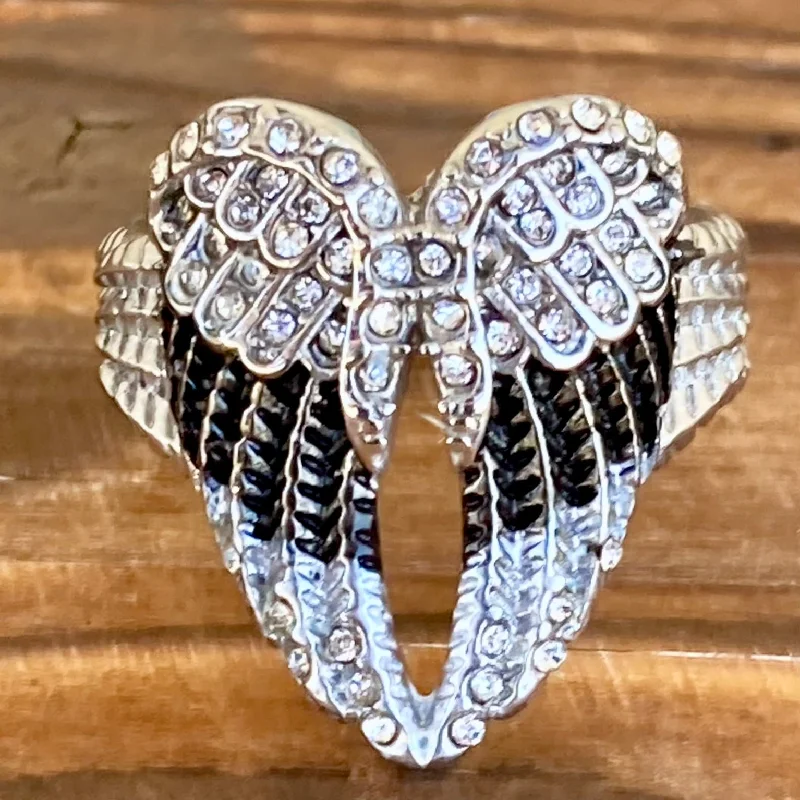 Angel Heart Wing Ring - Black w/White Stones - R245