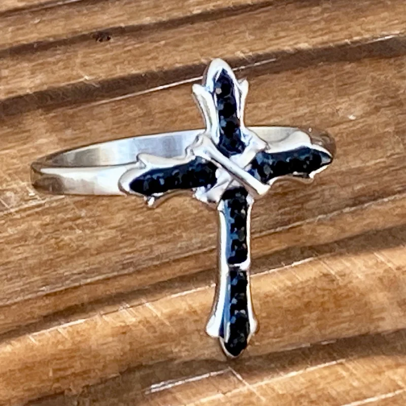 Cross Ring - Bling Black Stone - Ring - R195