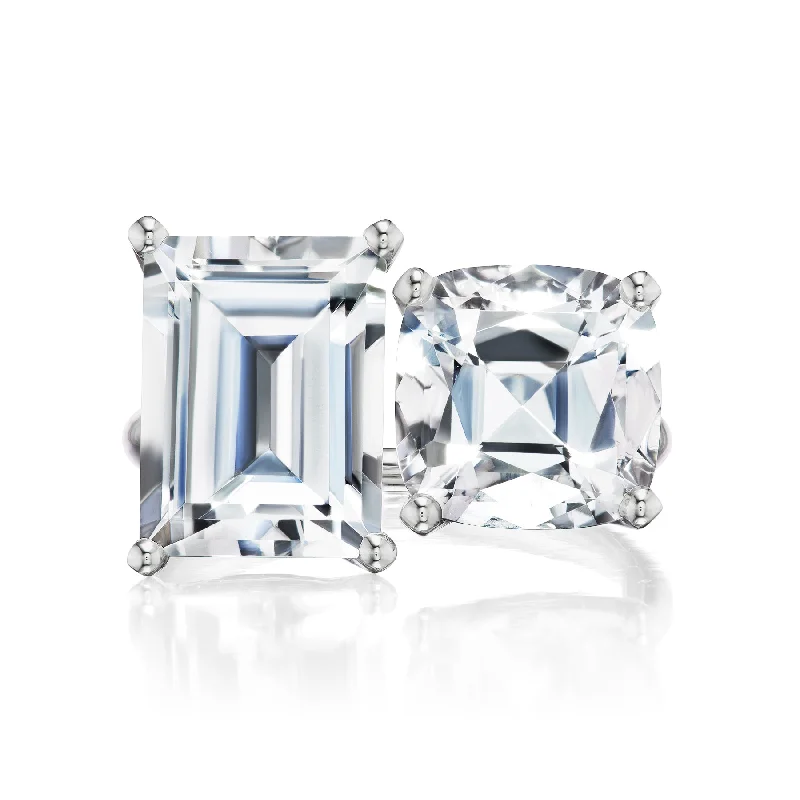 gold engagement ring vintage Bold White Topaz Emerald and Cushion Two-Stone Ring