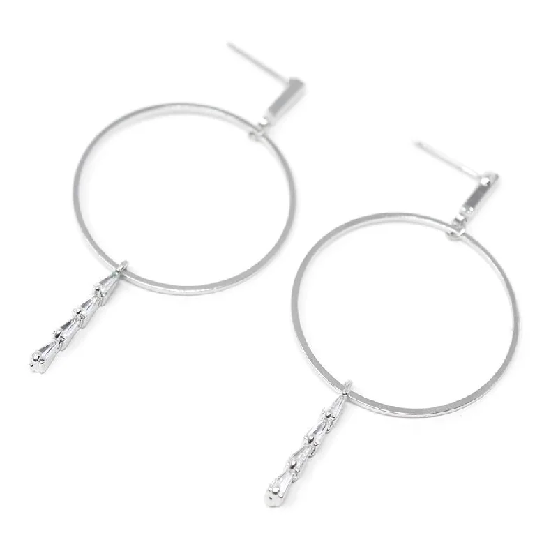 vintage-inspired pearl brooch CZ Teardrop Line Hoop Stud Earrings Silver Tone