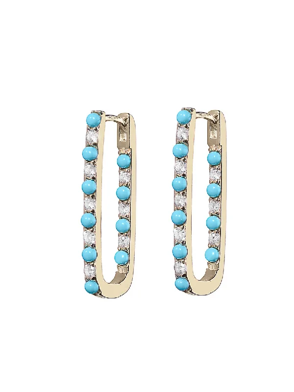 Diamond & Turquoise Large Paperclip Yellow Gold Hoop Earrings