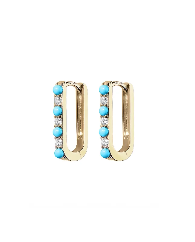 Diamond & Turquoise Small Paperclip Yellow Gold Hoop Earrings