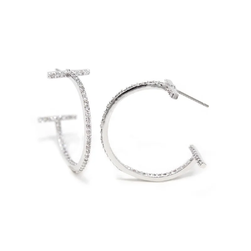 dainty pearl and diamond ring Double Bar Inside Out CZ Hoop Earrings Rhodium Pl