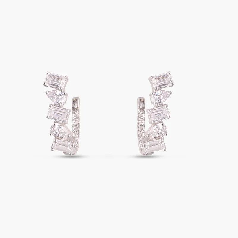 Drop and Emerald Cut CZ Silver Hoop Earrings