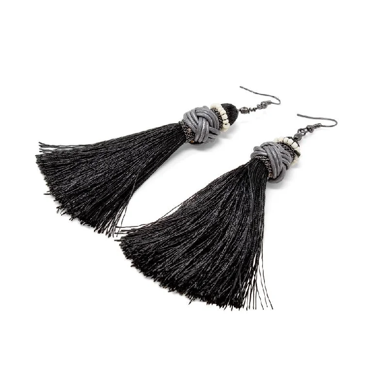 sleek black titanium ring Earrings Knot Tassel Black