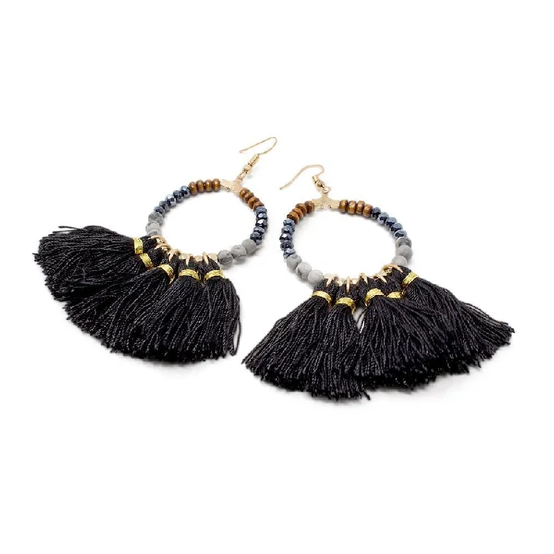 chunky statement cuff bracelet Earrings Ring Pendant with Tassels Black