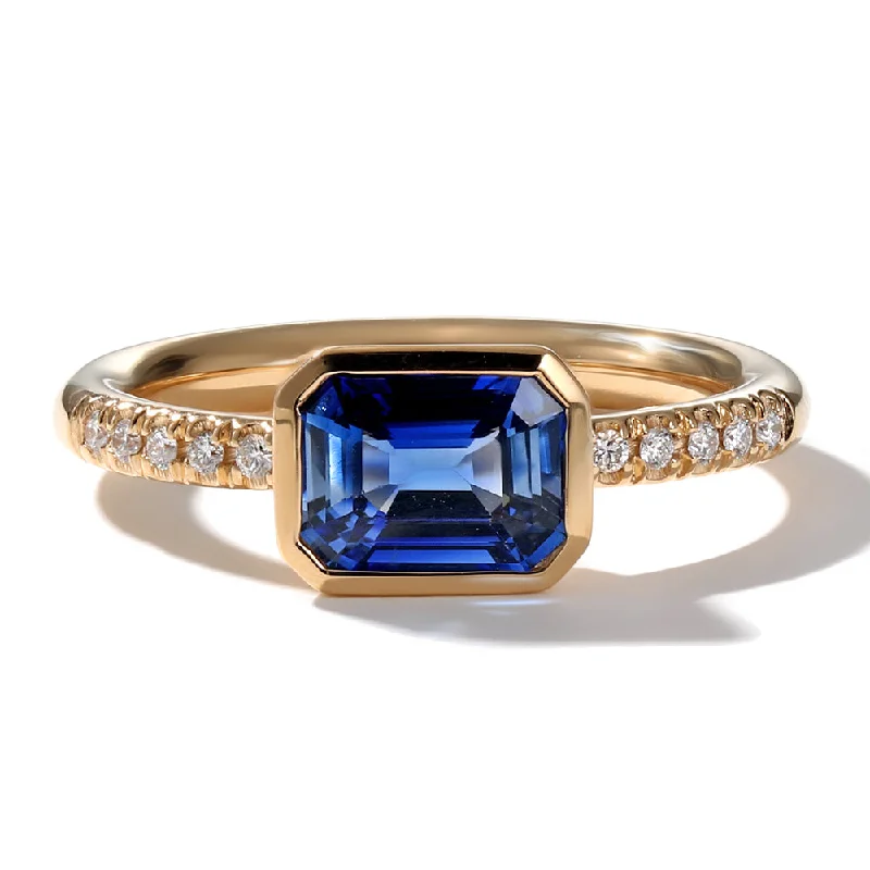 East-West Emerald Cut Sapphire and Diamond Bezel Ring