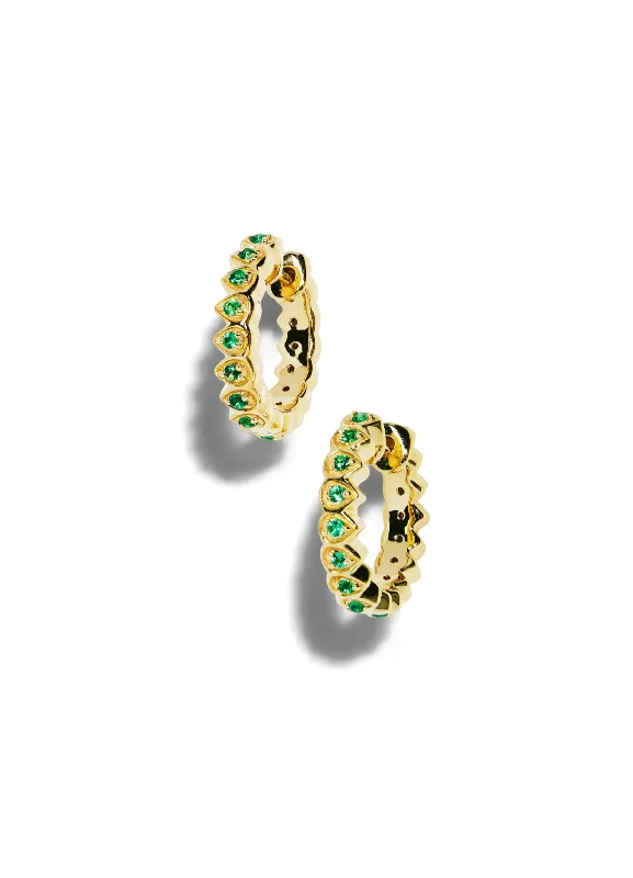 Emerald Mandala Petal Yellow Gold Huggie Hoop Earrings