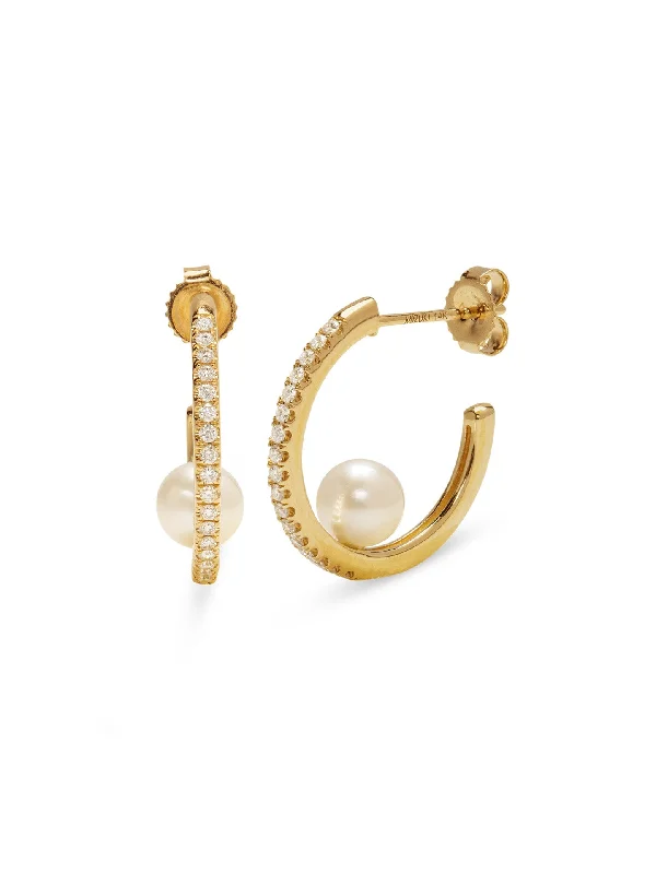 Floating Pearl Diamond Yellow Gold Hoop Earrings