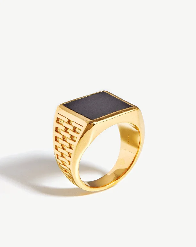 minimalist threader earrings gold Fused Woven Gemstone Square Signet Ring | 18ct Gold Vermeil/Black Onyx