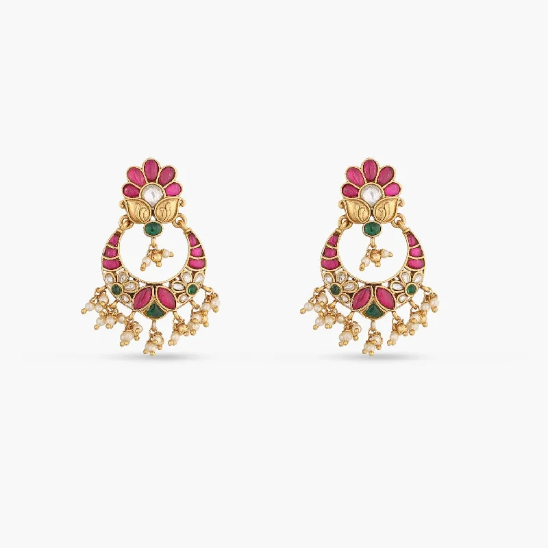 Gulab Kempu Jadau Silver Chandbali Earrings