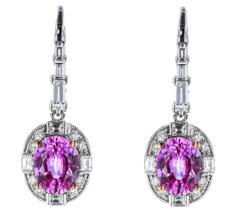 wedding band with diamonds JULEVE 18KT WHITE GOLD 3.74CT PINK SAPPHIRE & 1.10CTW DIAMOND HALO EARRINGS