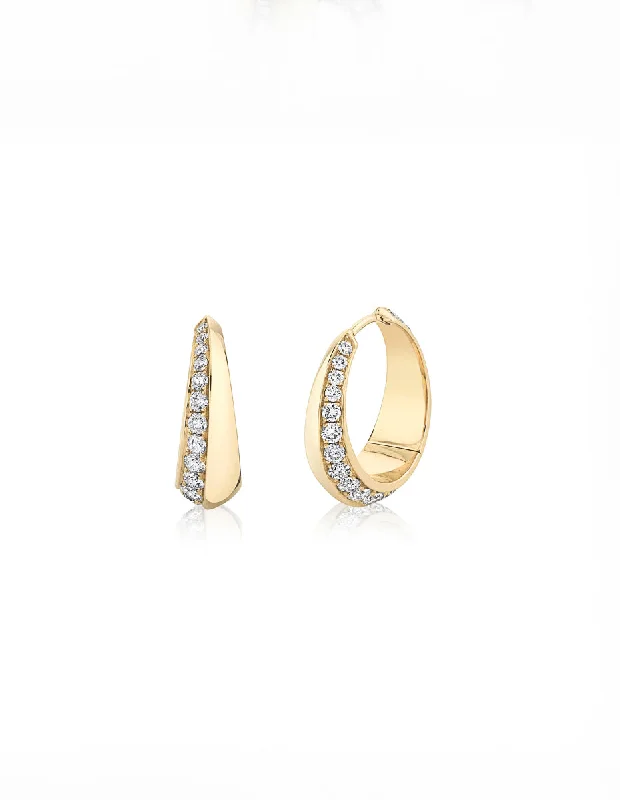 Large Pavé Crescent Yellow Gold Hoop Earrings