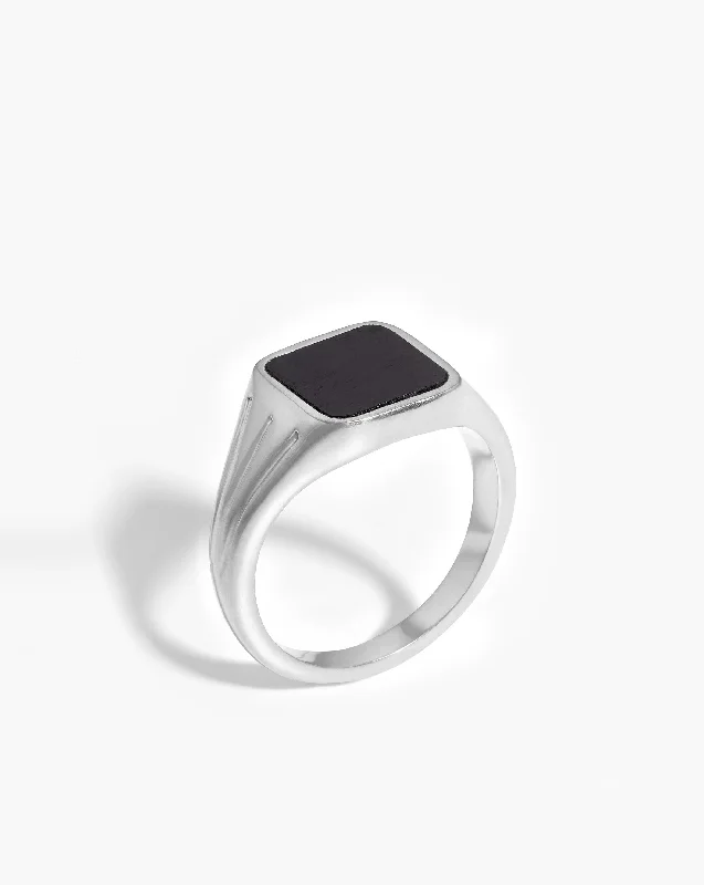custom nameplate bracelet silver Lucy Williams Square Signet Ring | Sterling Silver/Black Spinel