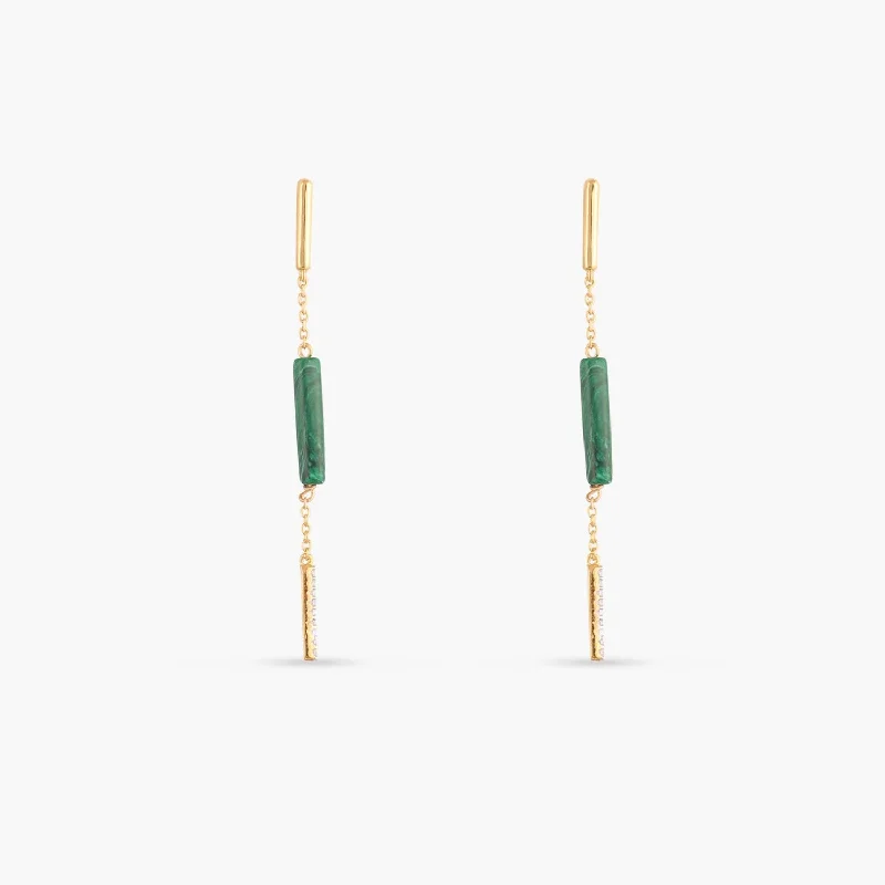 Malachite Bar Charm Silver Drop Earrings