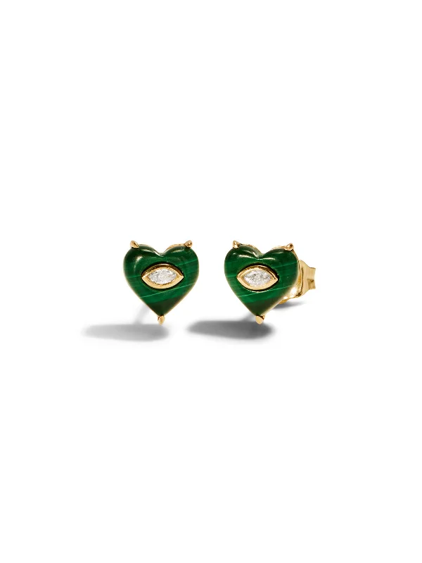 Malachite Carved Heart Yellow Gold Stud Earrings