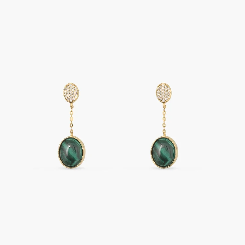 Malachite Oval Charm Silver Drop Earrings